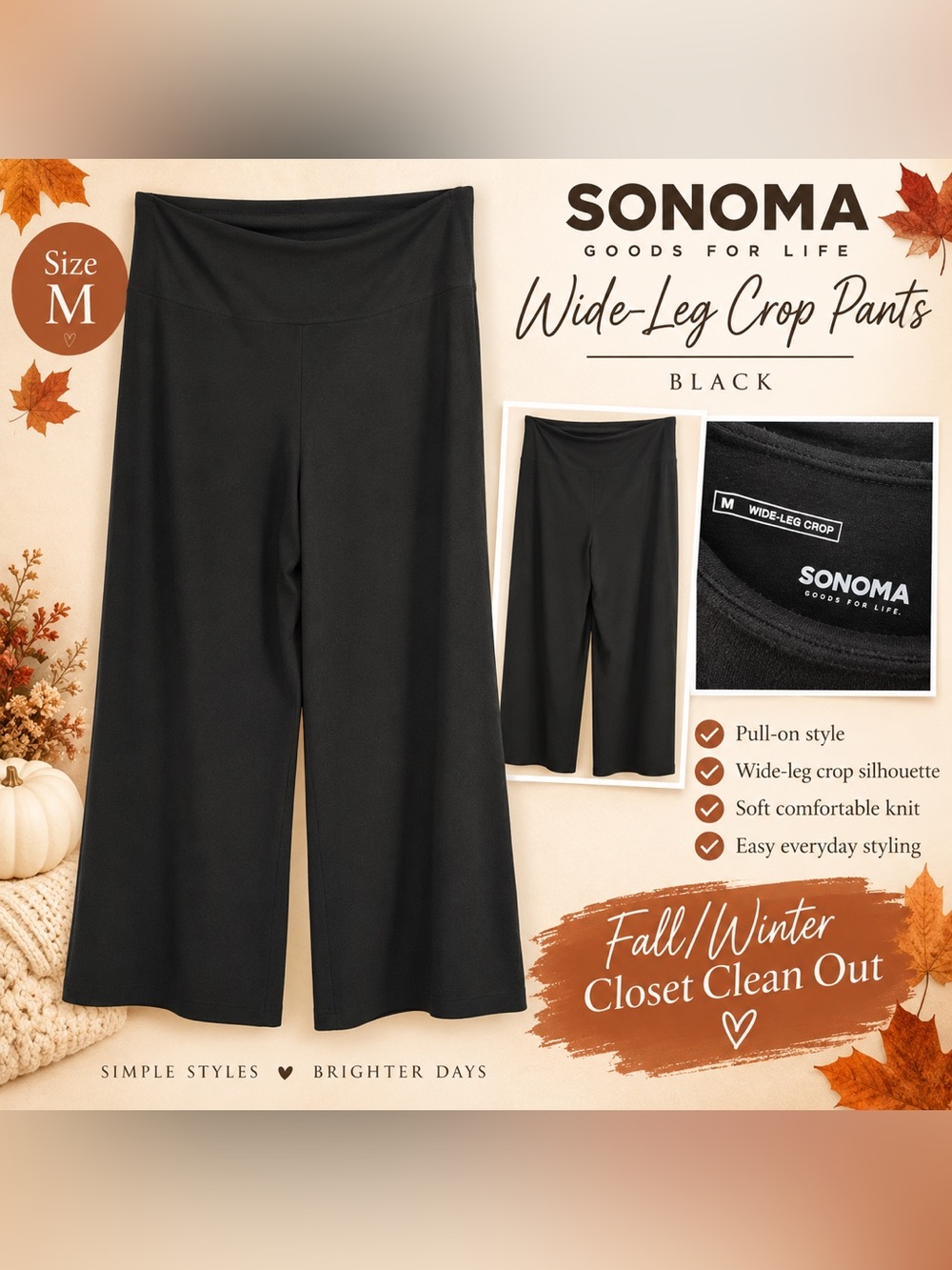 Sonoma Black Wide-Leg Crop Pull-On Pants